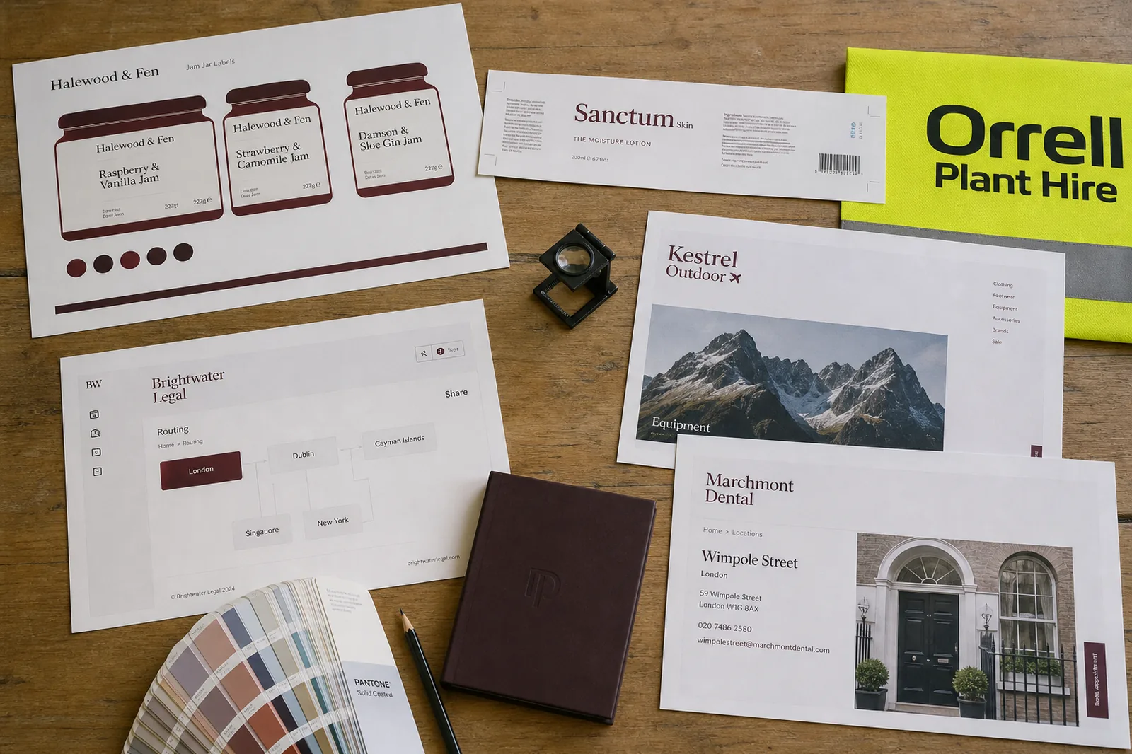 Oak studio table with print proofs from Halewood and Fen, Sanctum, Orrell, Kestrel, Brightwater and Marchmont